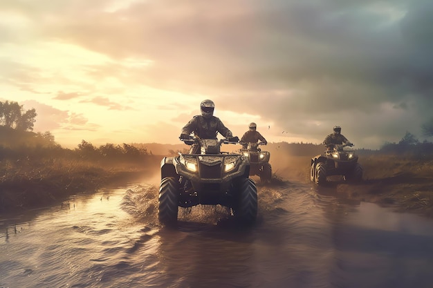 Four people on atvs ride through a muddy puddle on a cloudy day.