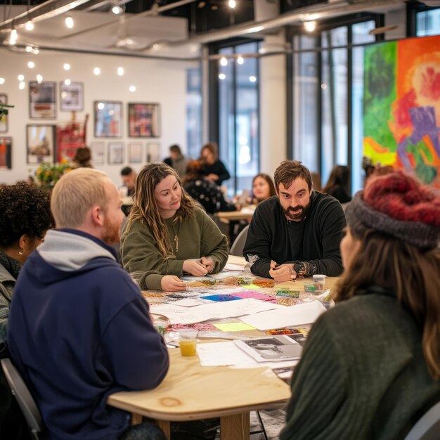 Photo four people collaborate around a table with colorful papers