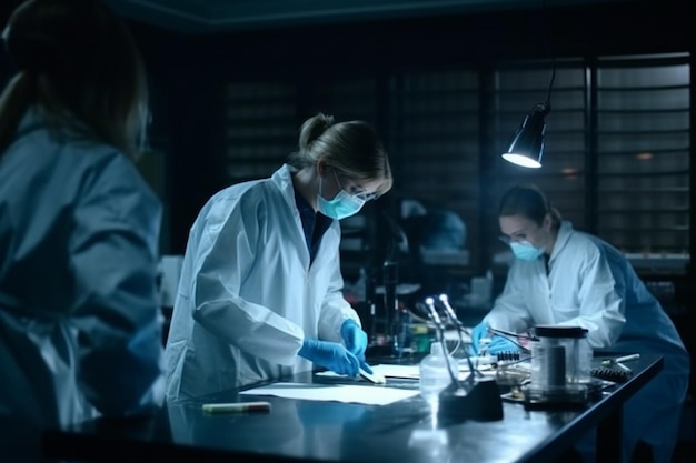 Four people in a dark room with a microscope and a light on the ceiling