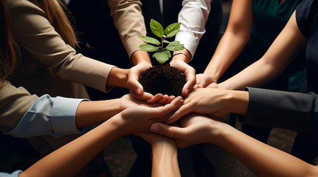 Four people holding a sapling in their cupped hands symbolizing teamwork environmental conservatio