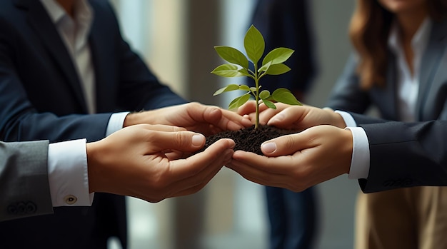 Four people holding a sapling in their cupped hands symbolizing teamwork environmental conservatio