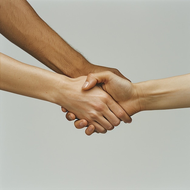 four people shaking hands with one another and one holding a white background