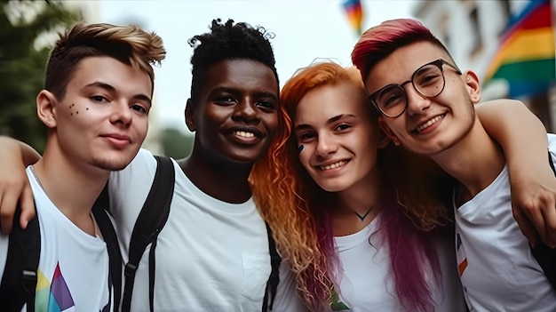 Photo four people smiling and hugging in front of a building