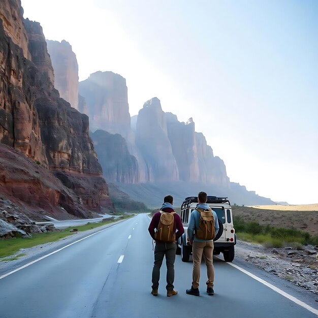 Photo four people stand on a road with their backpacks on their backs