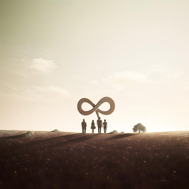 Four people standing in a field with an infinity sign on the horizon.