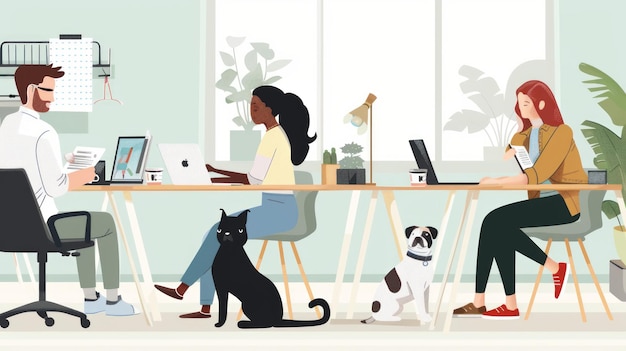 Photo four people working at desks in an office with their dogs