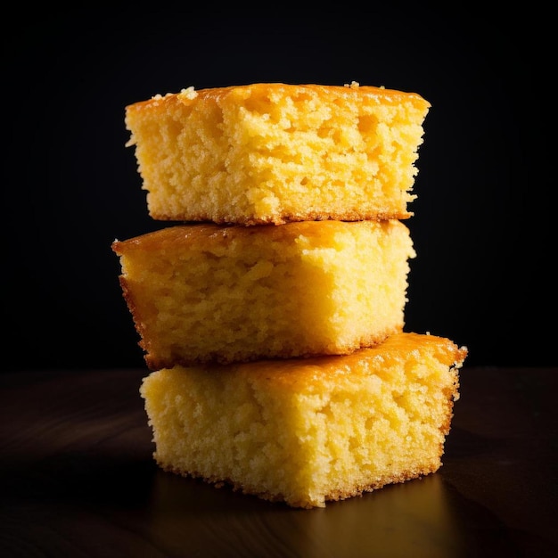 four pieces of corn bread are stacked on top of each other.