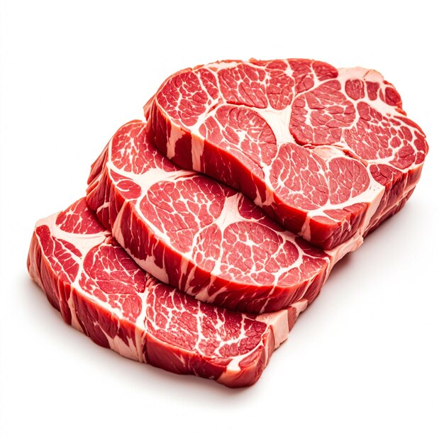 four pieces of meat are lined up on a white background