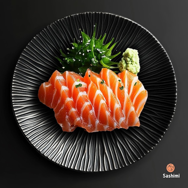 Photo four pieces salmon sushi on blue plate garnished with green leaves