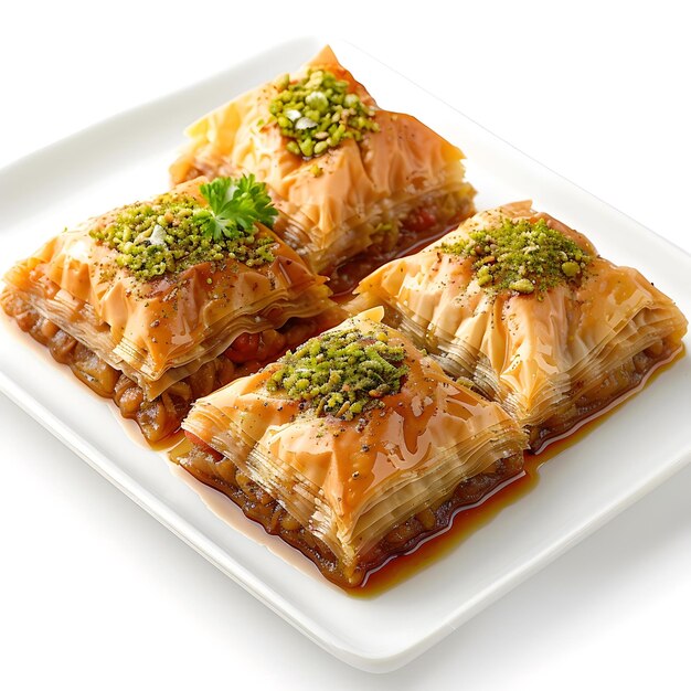 Four pieces of Turkish Baklava on a white plate