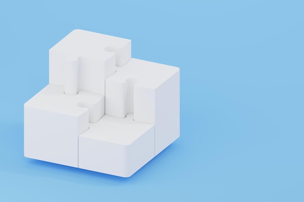 Four pieces of white jigsaw puzzle on blue background Teamwork concept 3D illustration rendered