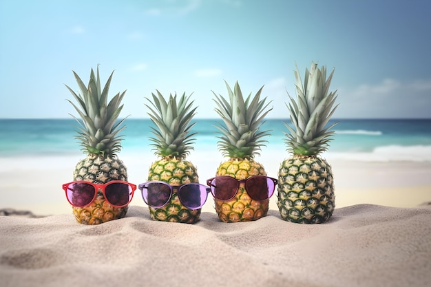 Four pineapples in sunglasses on a beach