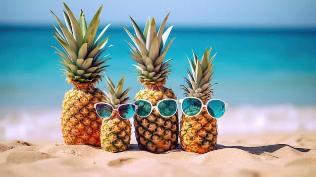 Four pineapples wearing sunglasses on the beach