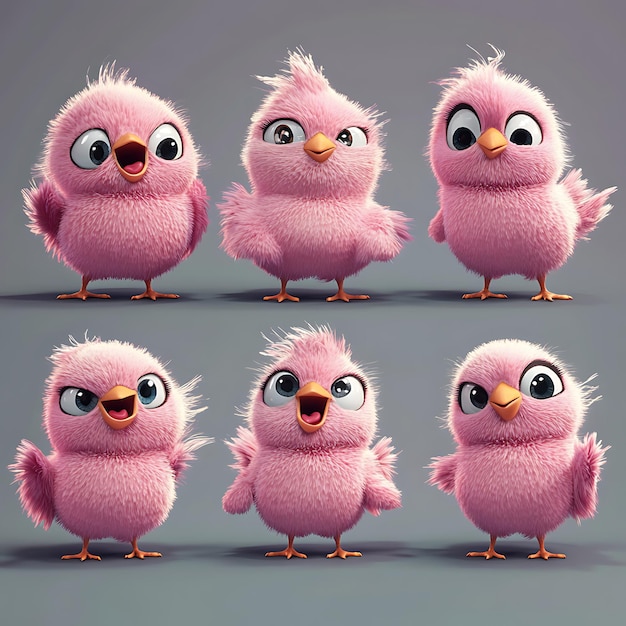 Photo four pink birds with different colored eyes one with the other with the other with the other one showing the number 3