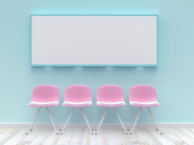 Four pink chairs with blank poster mockup on concrete wall blue pastel color