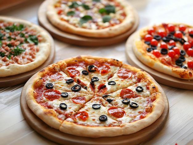 four pizzas are on a table one of which has olives and one of them has black olives