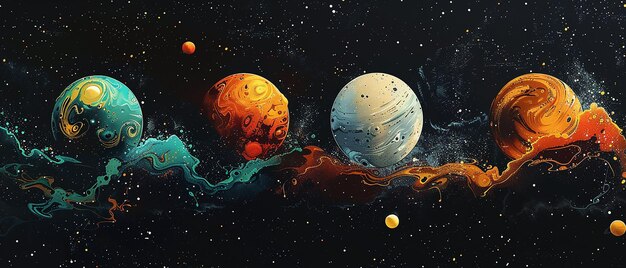 Four Planets in Space on a Dark Background