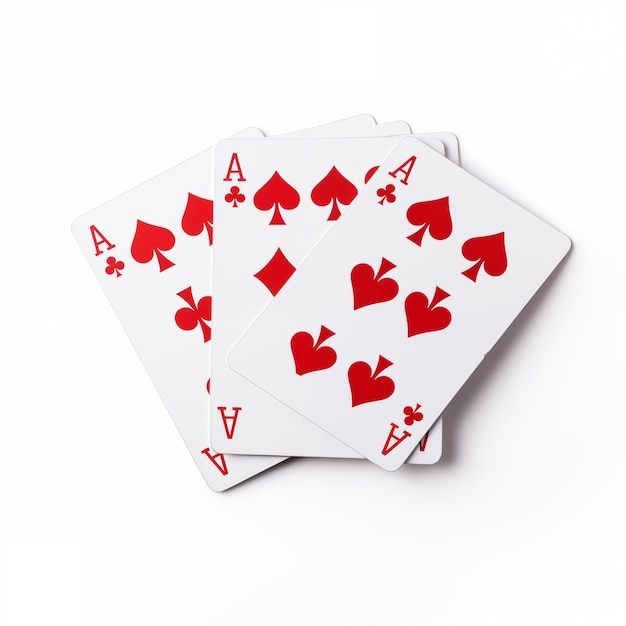 Photo four playing cards with red and black aces displayed on white background