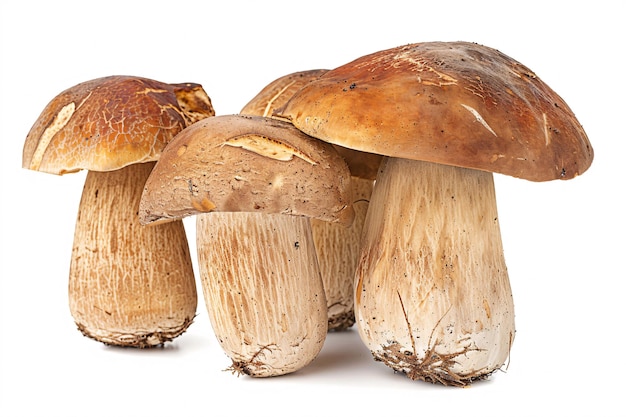 Four porcini mushrooms grouped together against a white backdrop