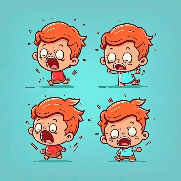 Four portraits of small boy crying and shouting on colorful background funny cartoon character school kid Generative AI