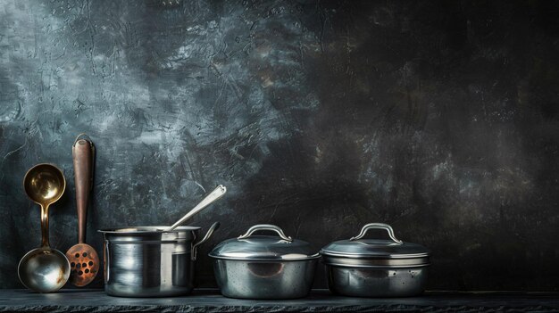 Photo four pots and pans are lined up on a table