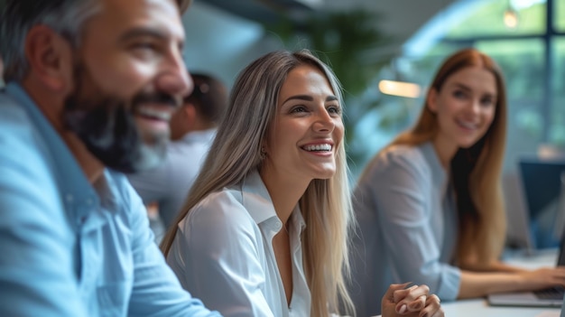 Four professionals are sitting in a row at a desk smiling as they look towards a computer screen engaged in a collaborative work environment