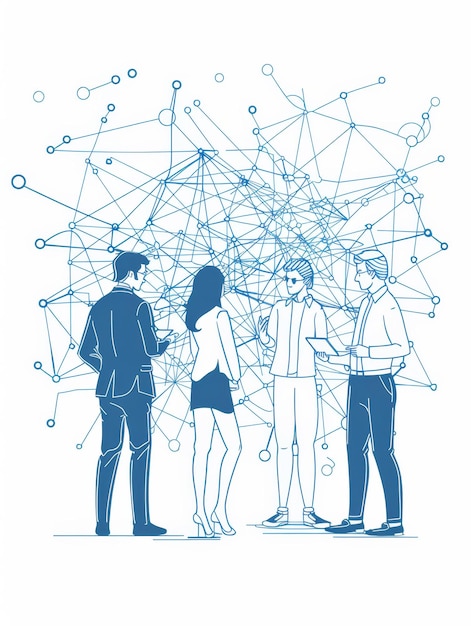 Four professionals standing together surrounded by a network symbolizing connection communi