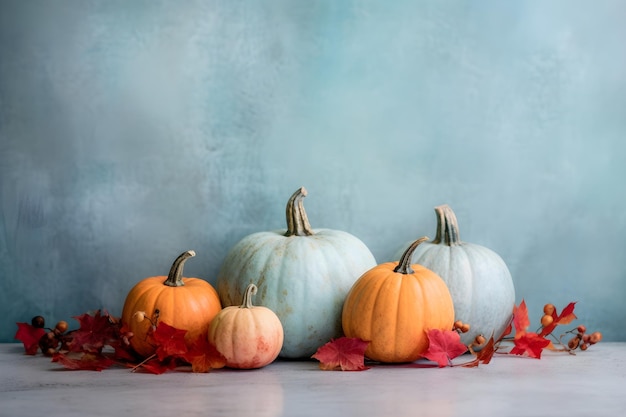 Four pumpkins with autumn leaves on a blue background