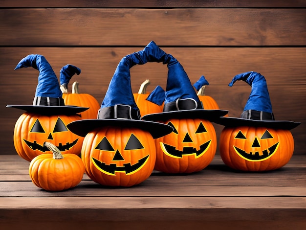 Four pumpkins with hats on top of each other, one with a witch hat on the top.