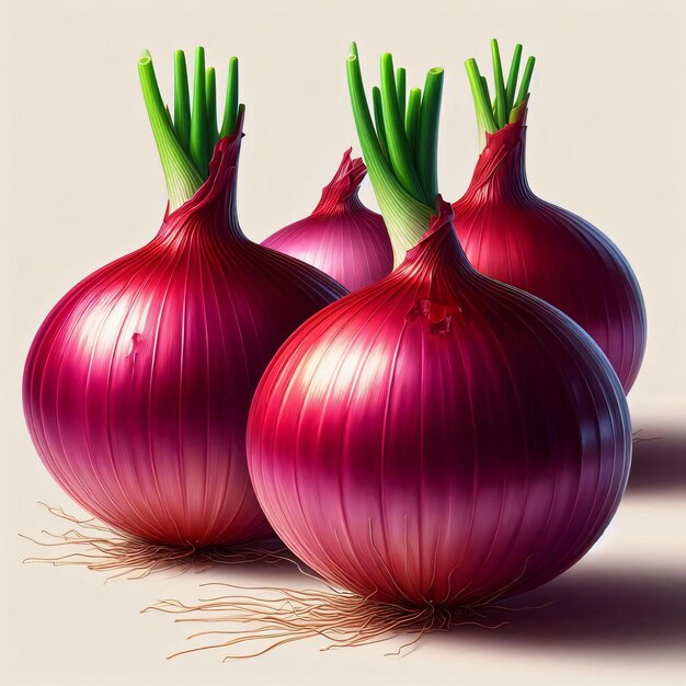 Photo four red onions with green tops that sayson the bottom