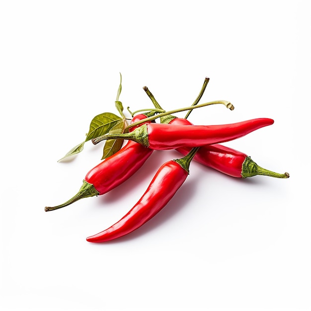 four red peppers with green leaves and one of them has a green leaf