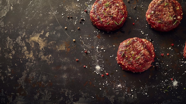 Photo four seasoned beef patties placed on a gritty dark surface with scattered spices and herbs showcasing raw ingredients before cooking