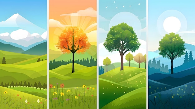 Photo four seasons landscape illustration with mountains and trees