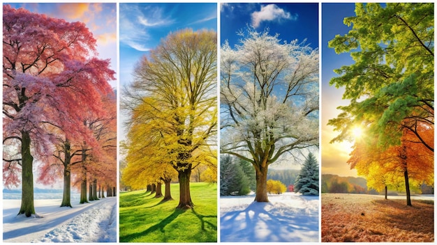 four seasons of trees are shown the one is white