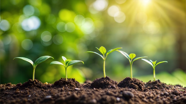 Four seedlings grow in the soil one taller than the other from left to right with a background