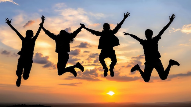 Photo four silhouetted friends leap joyfully into air against sunset sky image ai generated