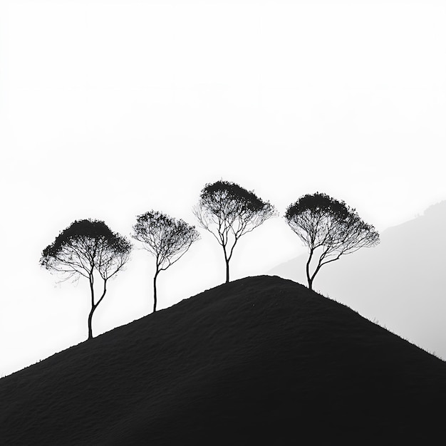 Four Silhouettes of Trees on a Hilltop Against a White Sky