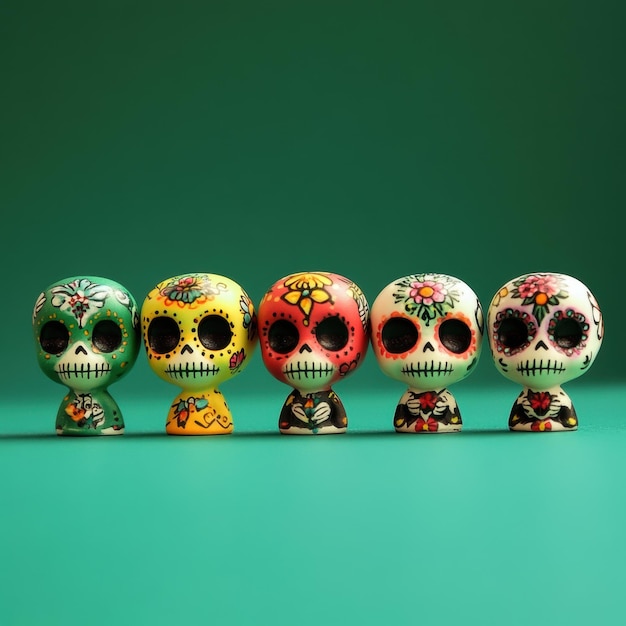 Photo four skulls with a flower painted on them are lined up on a green table