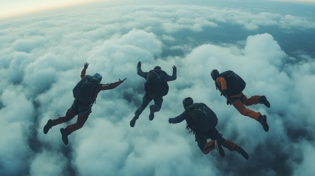 Photo four skydivers freefalling above the clouds