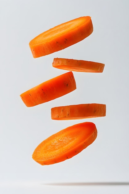 Four Slices of Freshly Cut Orange Carrot in MidAir