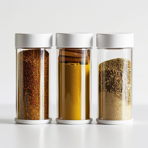 Photo four small containers of spices with one that says natural tea