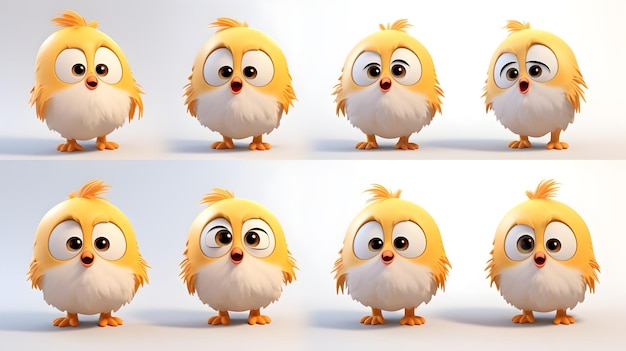 four small owls with a red nose and a white background