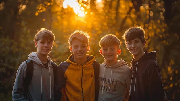 Four Smiling Boys Stand Together in a Golden Forest