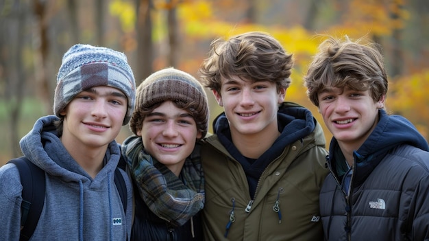 Four Smiling Teenagers Pose Together in a Forest