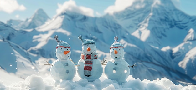 Photo four snowmen standing in the snow with mountains behind them in the style of sparklecore