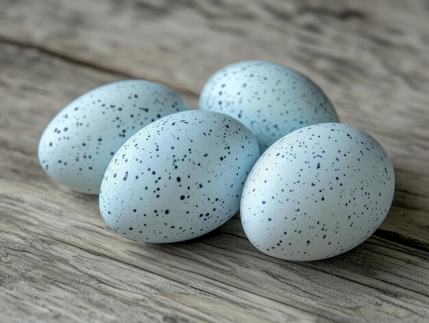 Photo four speckled eggs on wooden table