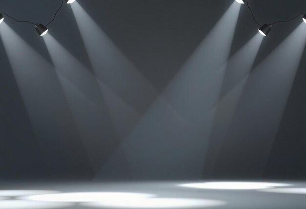 Four spotlights illuminate a dark studio with a white floor creating a dramatic backdrop