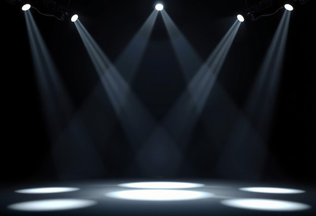 Four spotlights shine on a dark stage with a circular light pattern