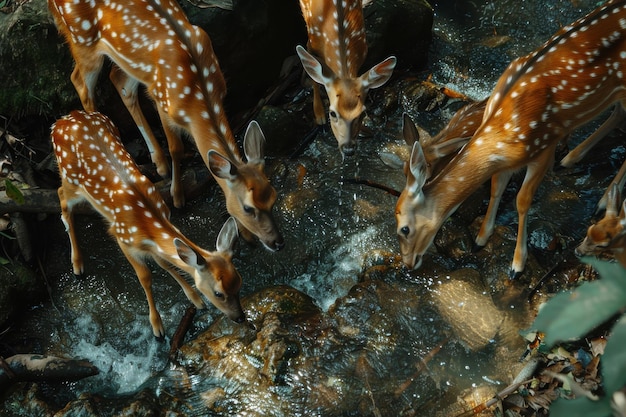 Photo four spotted fawns drinking from forest stream on sunny day