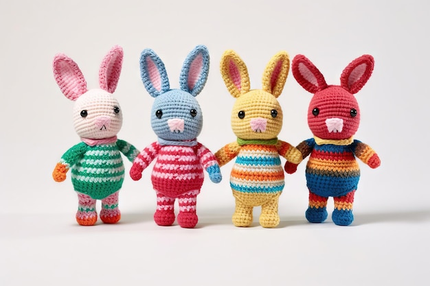 Four standing crochet bunnies with a white studio background